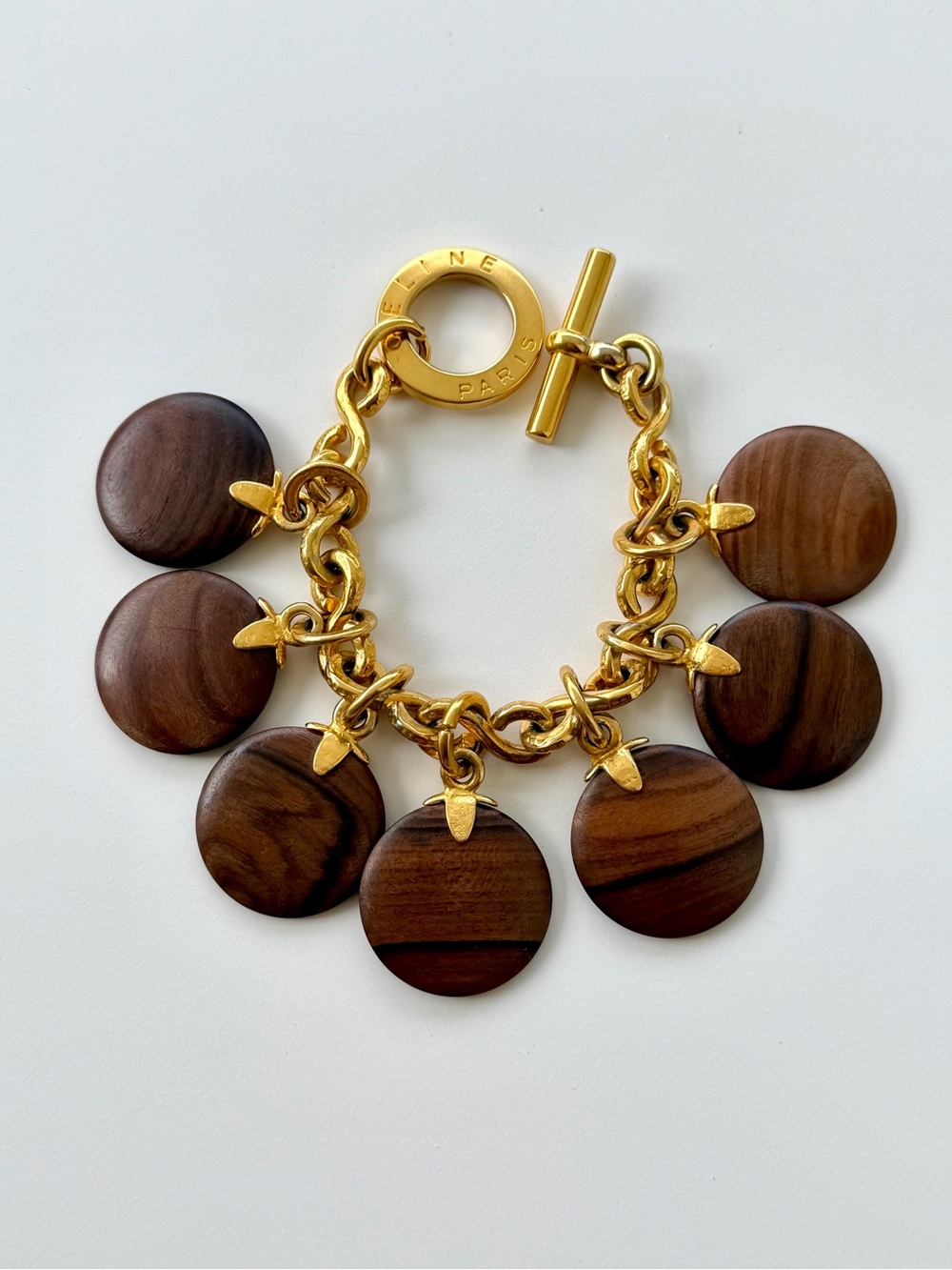 Celine Vintage Gold-Tone Chain Bracelet with Brown Wood Disc Charms